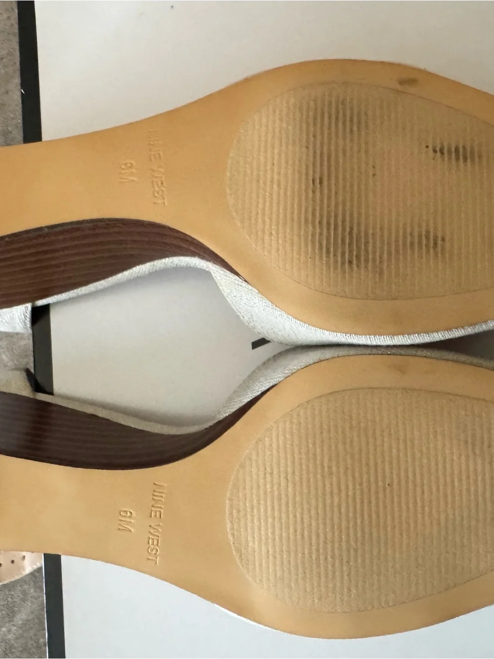 Nine West Beige Linen Ankle-Strap Heels